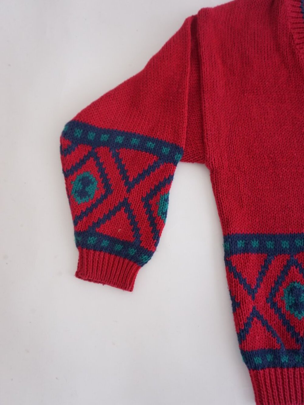 Vintage Gina Peters Red Geometric Knit Button Front Grandpa Cotton Cardigan M - Picture 8 of 9